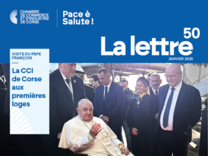 1ère couverture de la La Lettre n°50, édition janvier 2025 représentant en photo le Pape François, le Président Jean Dominici, Le président Gilles Simoeoni et la Présidente de l'Assemblée de Corse Nanette Maupertui