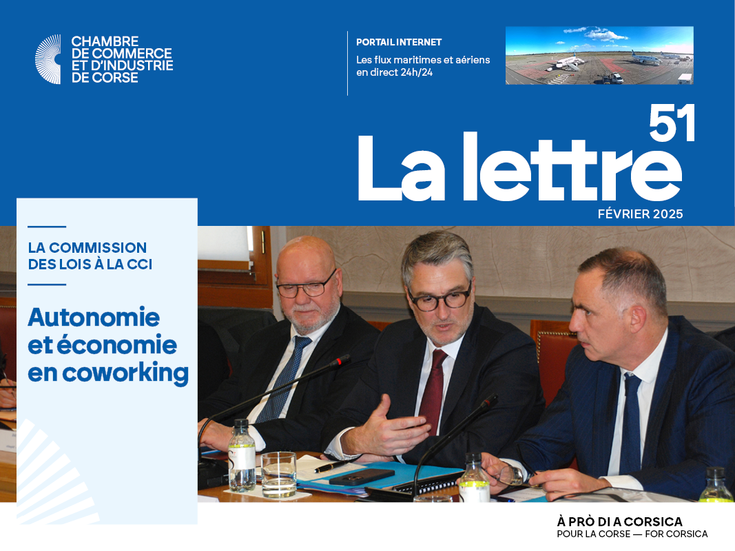 Couverture de La Lettre n°51 - janvier 2025 : le Président Jean Dominici avec Florent Boudié, Député et Président de la Commission Lois Assemblée Nationale et Le Président Gilles Simeoni